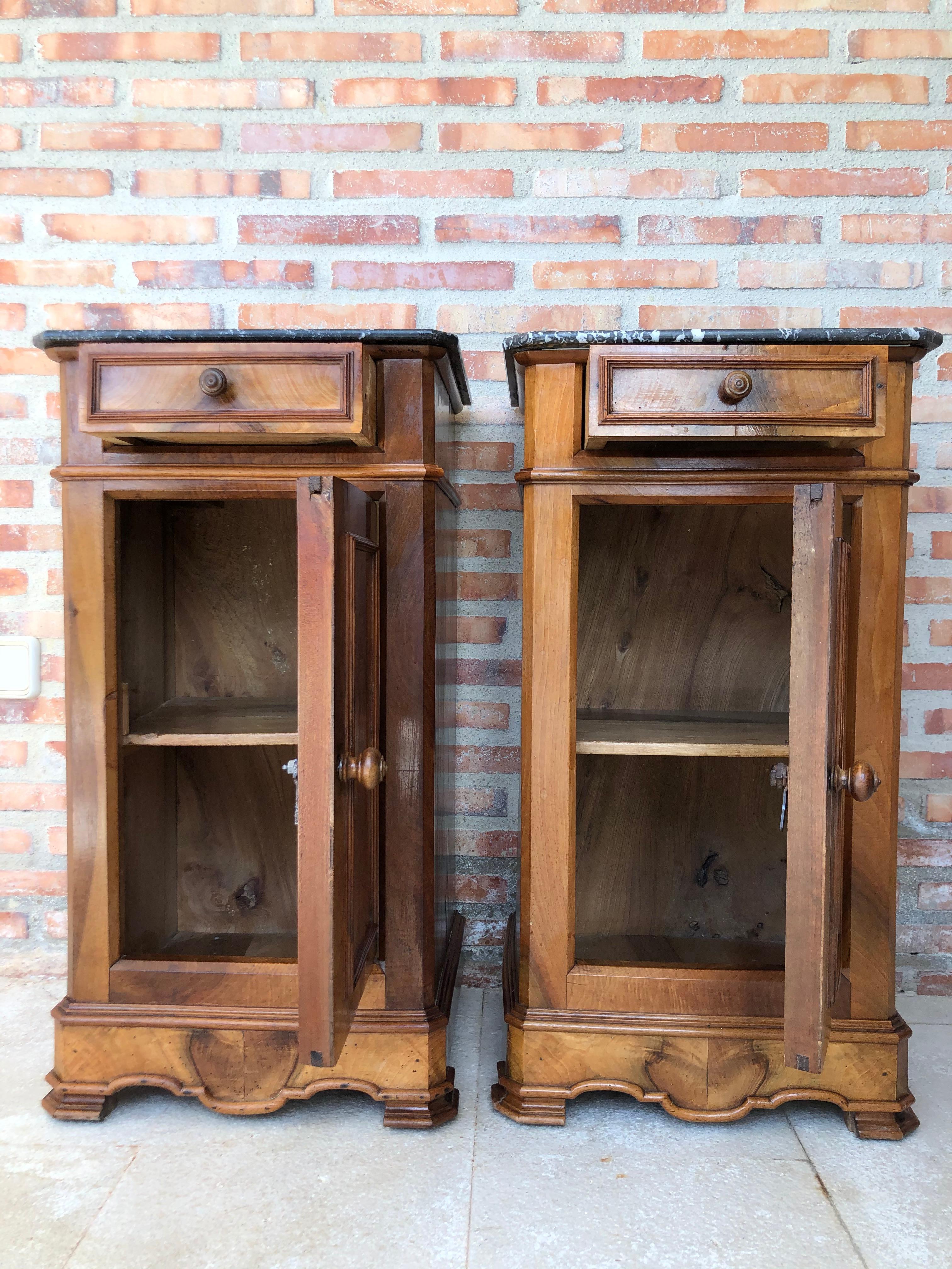 Spanish 20th Century Pair of Biedermeier Nightstands with Marble Top, One-Drawer & Door