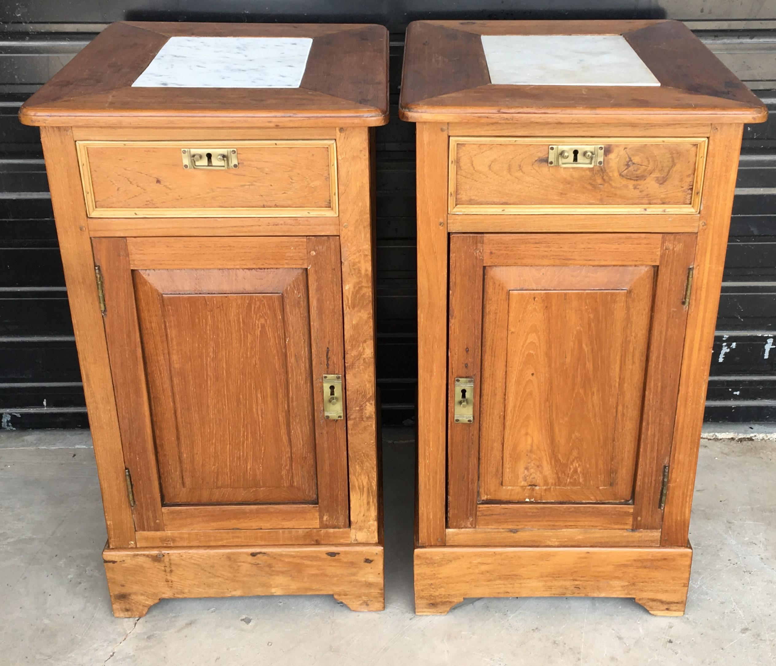 20th Century Pair of Biedermeier Nightstands with Marble Top, One Drawer & Door 1