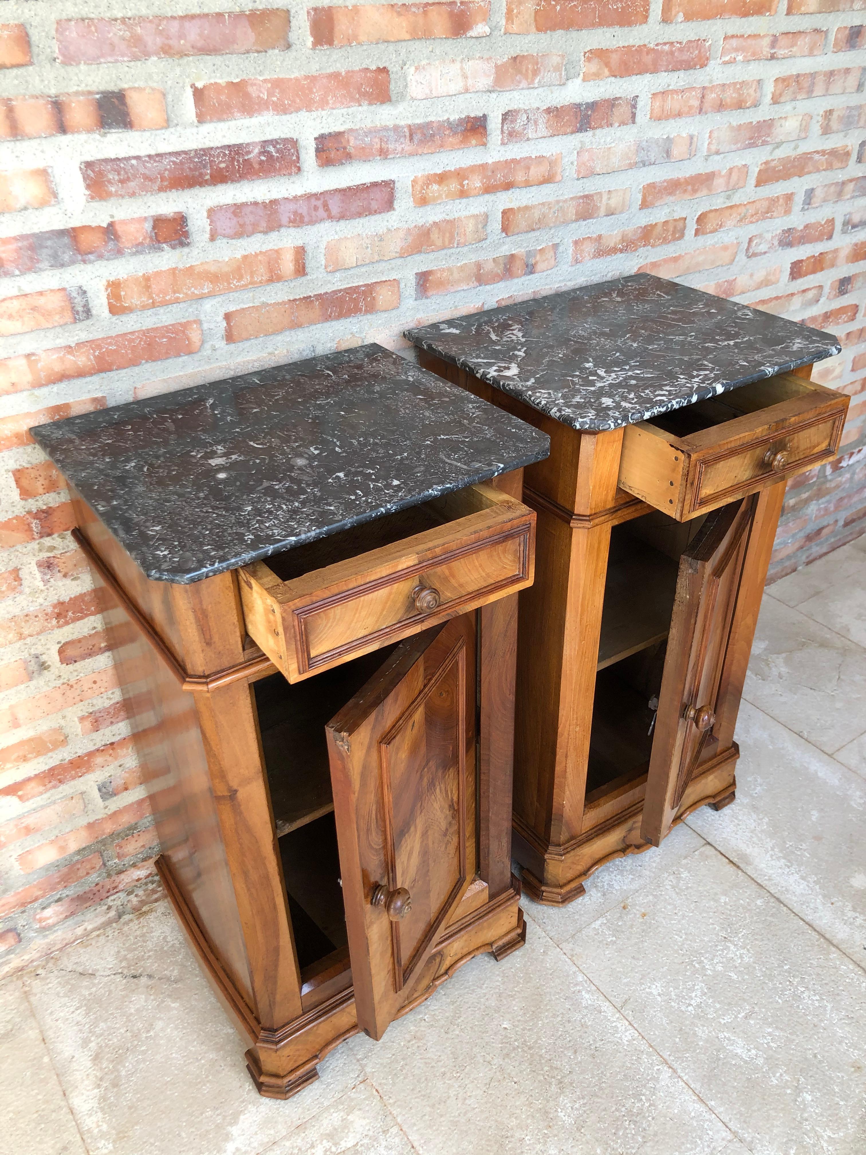 20th Century Pair of Biedermeier Nightstands with Marble Top, One-Drawer & Door 1