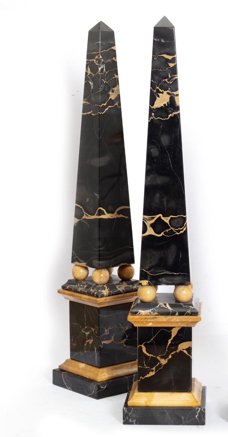 Louis XVI 20th Century Pair Of Black Marble And Giallo di Siena Marble Obelisk Garniture For Sale