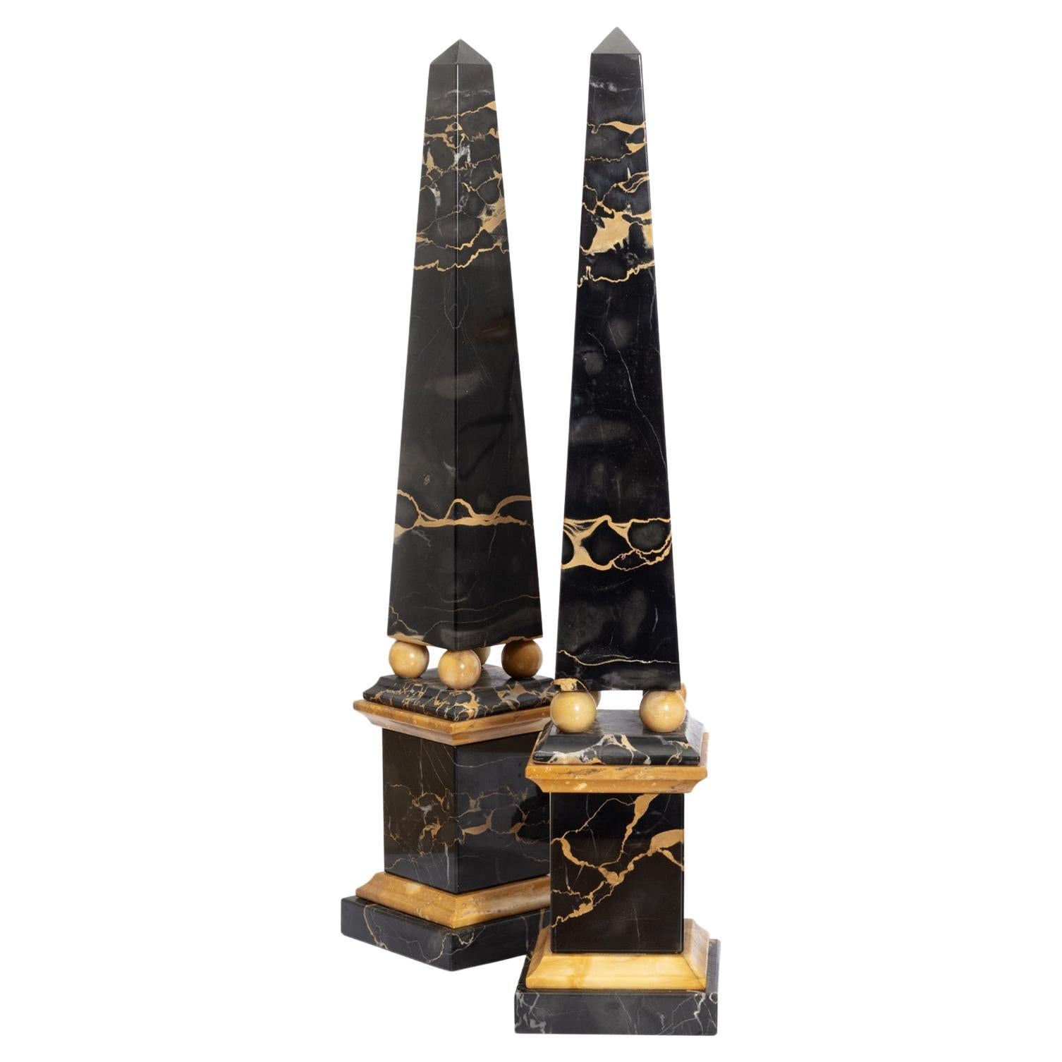 20th Century Pair Of Black Marble And Giallo di Siena Marble Obelisk Garniture For Sale