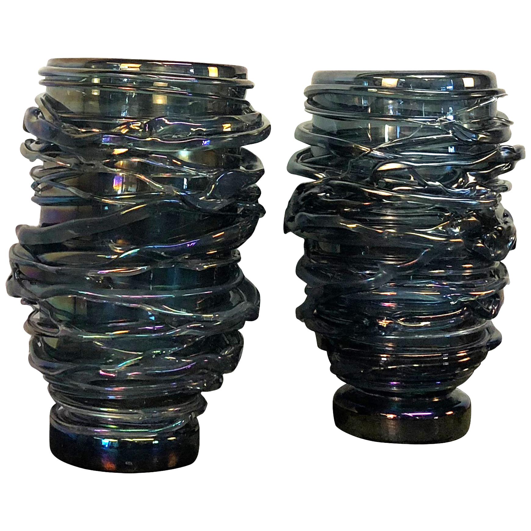 20th Century Pair of Bleu Fonce Murano Glass Vases by Pino Signoretto