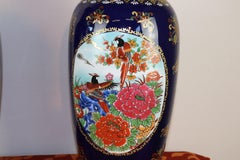 20th Century Pair of Blue Ceramic Vases with Floral Decorations