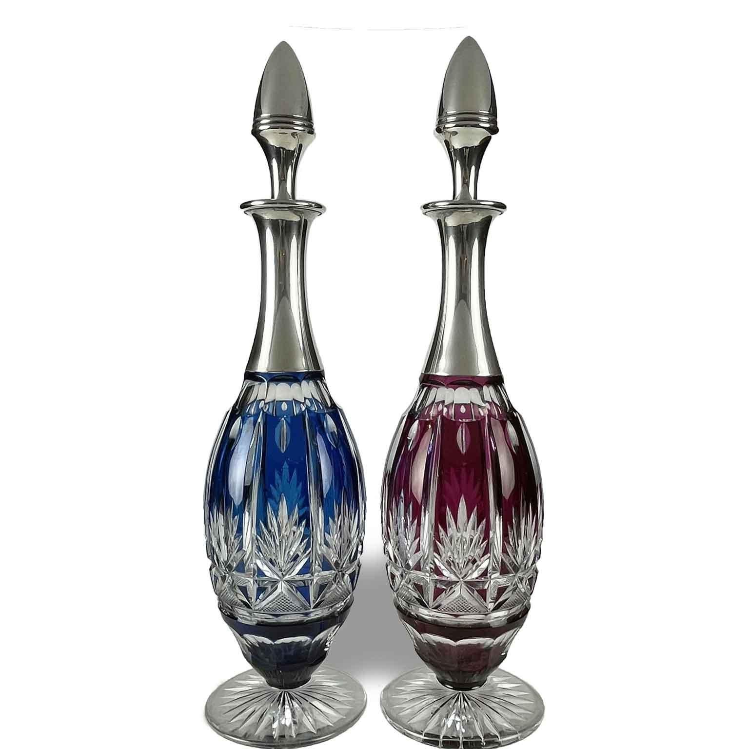 20th Century Pair of Bohemian Crystal Liquor Bottles with Silver Neck For Sale 1