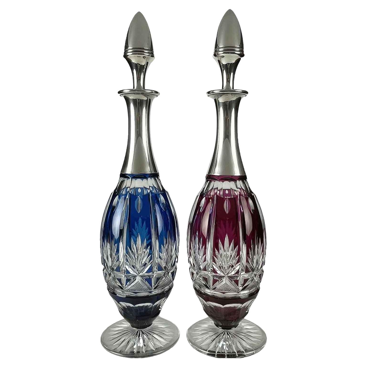 20th Century Pair of Bohemian Crystal Liquor Bottles with Silver Neck