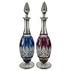 20th Century Pair of Bohemian Crystal Liquor Bottles with Silver Neck