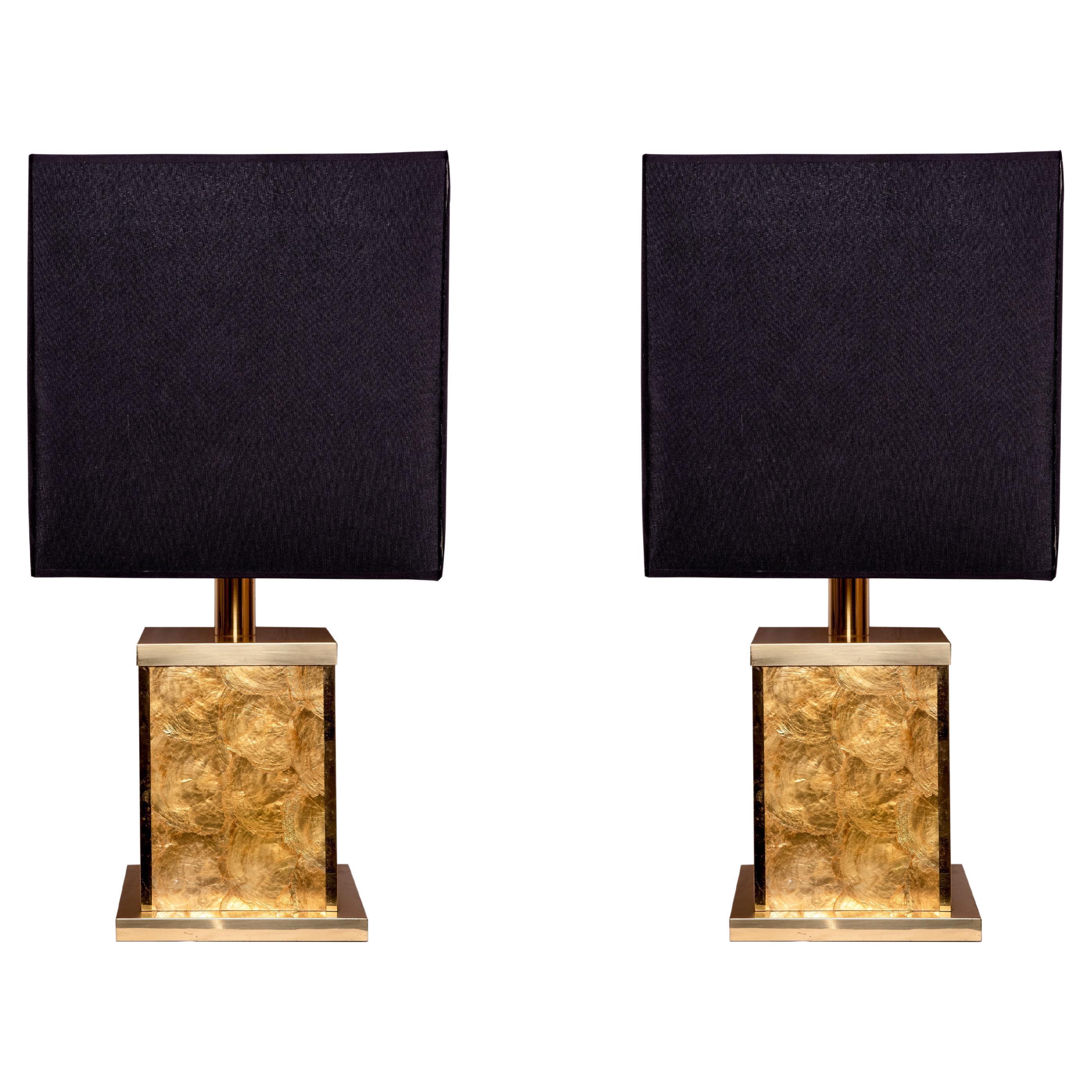 20th Century Pair of Brass and Capiz Shell Table Lamps
