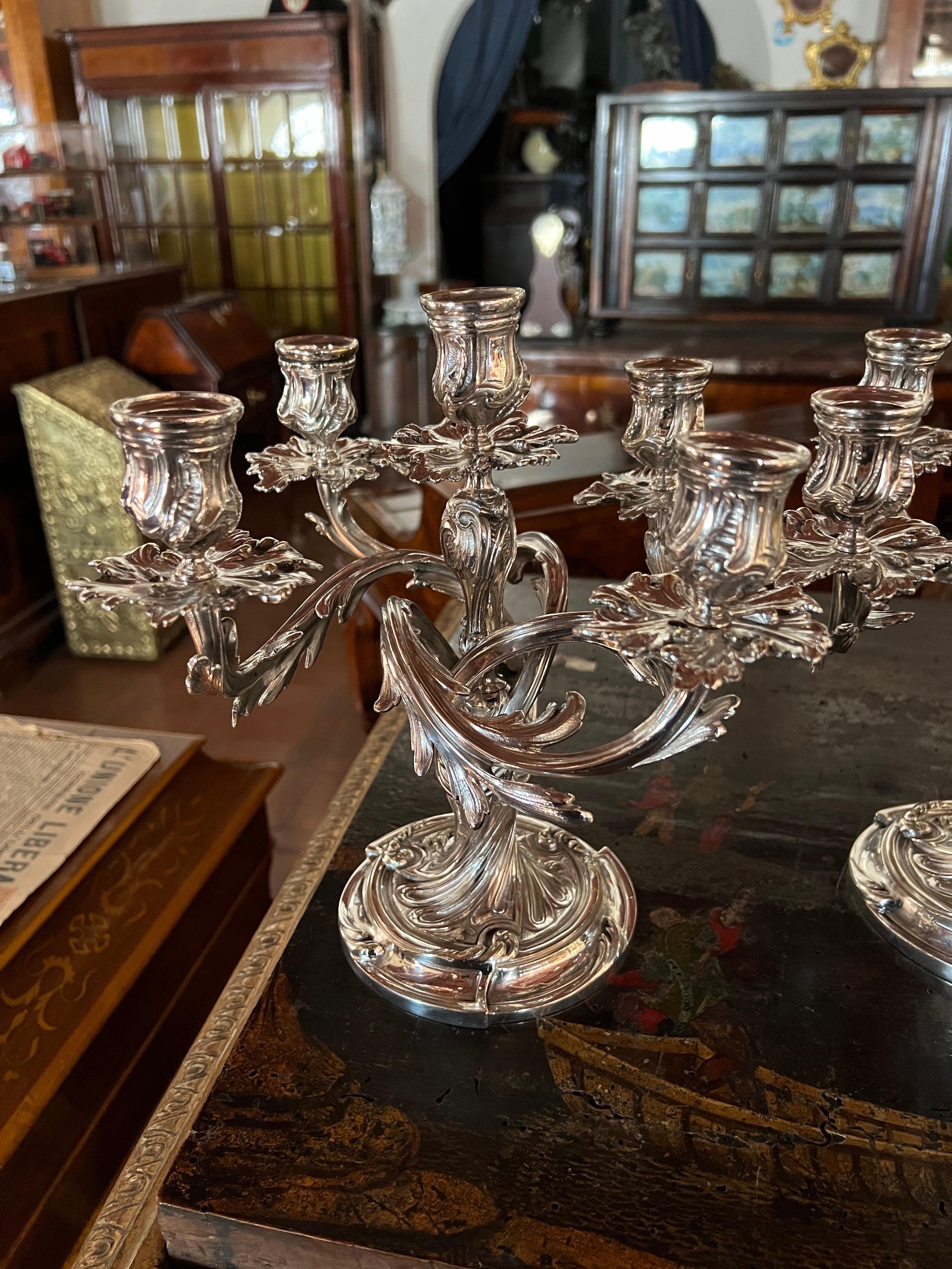 Art Nouveau 20th Century Pair of Bronze Silvered Candelabras Signed Christofle For Sale