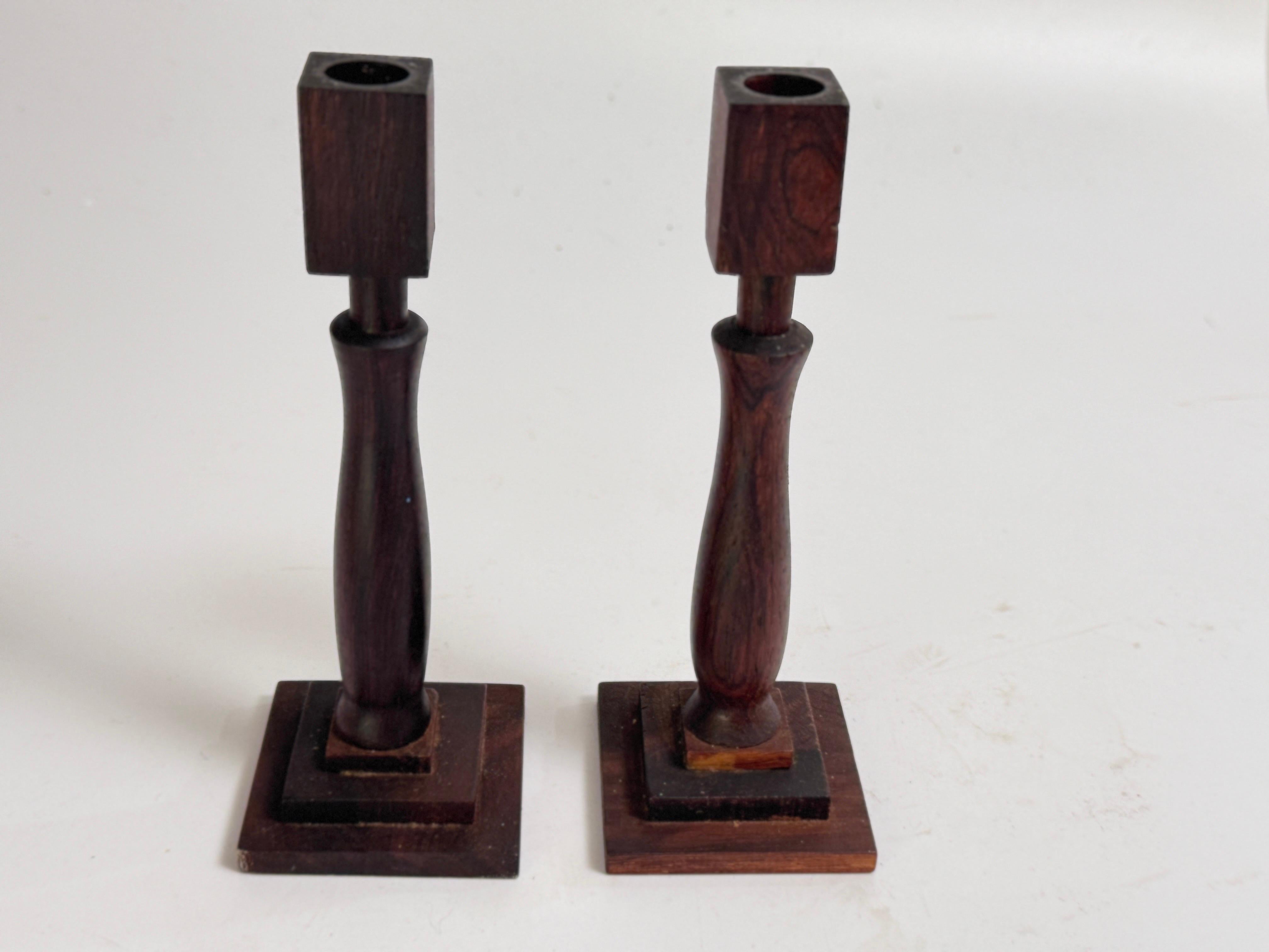 Wood 20th Century, Pair of Candleholders, Carved Scandinavian Brown color For Sale
