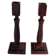 Used 20th Century, Pair of Candleholders, Carved Scandinavian Brown color