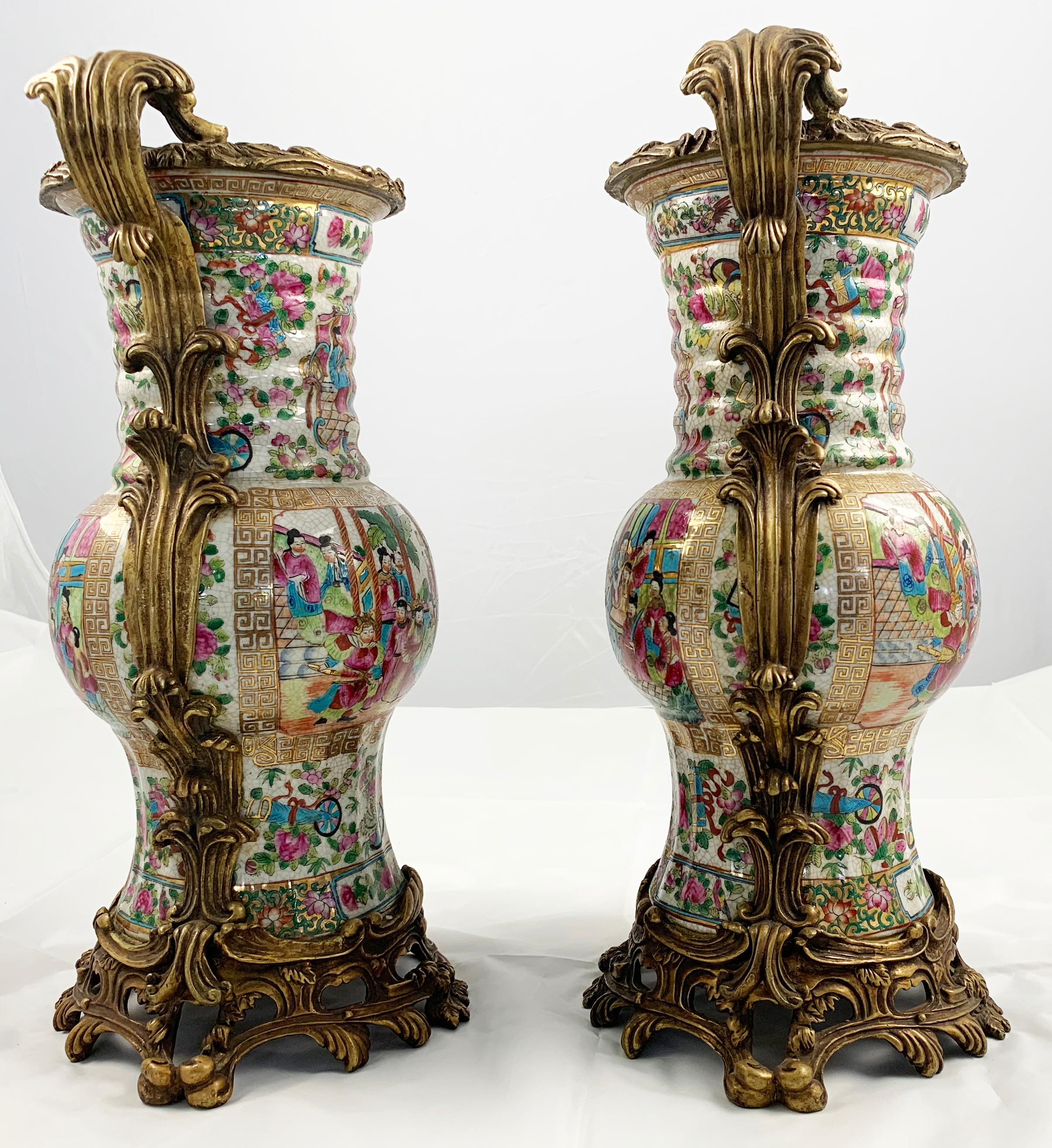 20th Century Pair of Cantonese Ormolu Mounted Vases For Sale 3