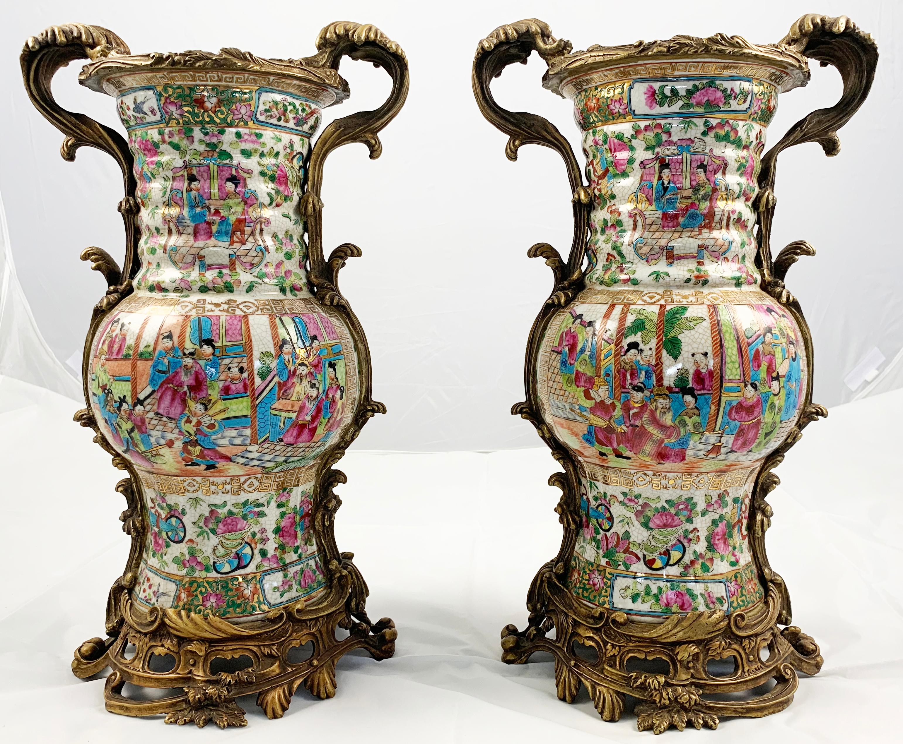 Chinese Export 20th Century Pair of Cantonese Ormolu Mounted Vases For Sale
