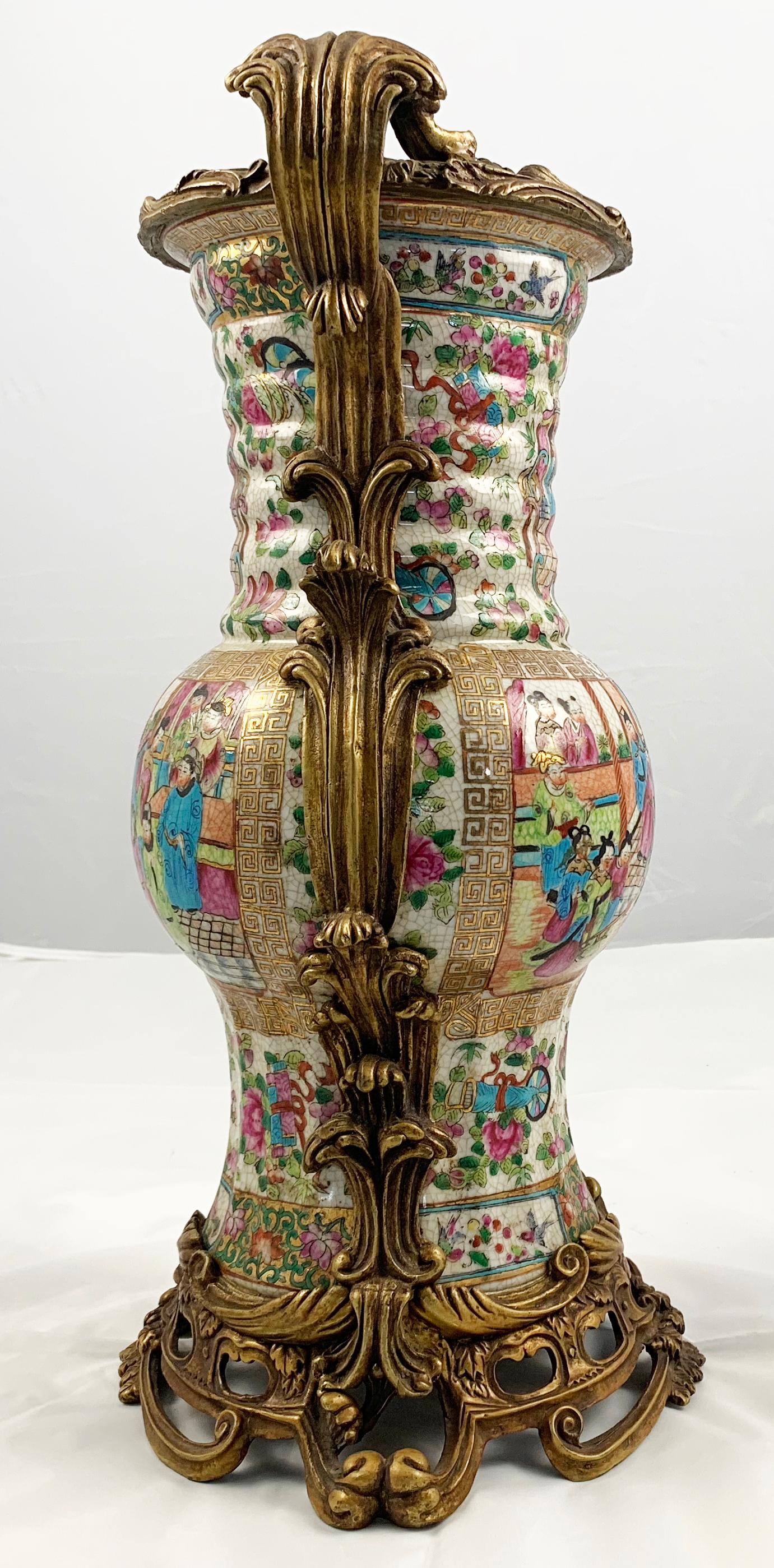 Chinese 20th Century Pair of Cantonese Ormolu Mounted Vases For Sale