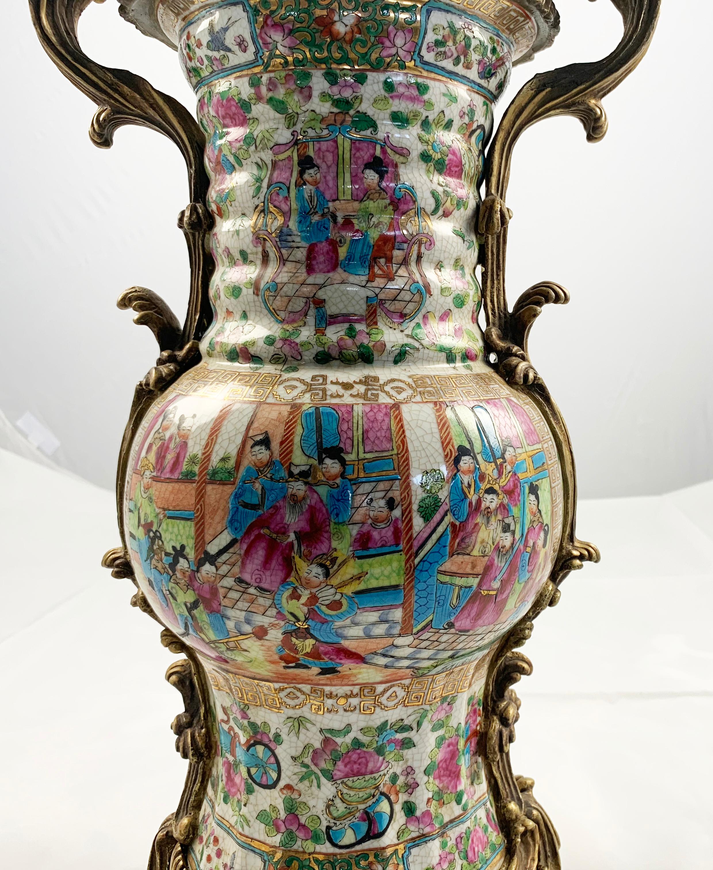 Glazed 20th Century Pair of Cantonese Ormolu Mounted Vases For Sale