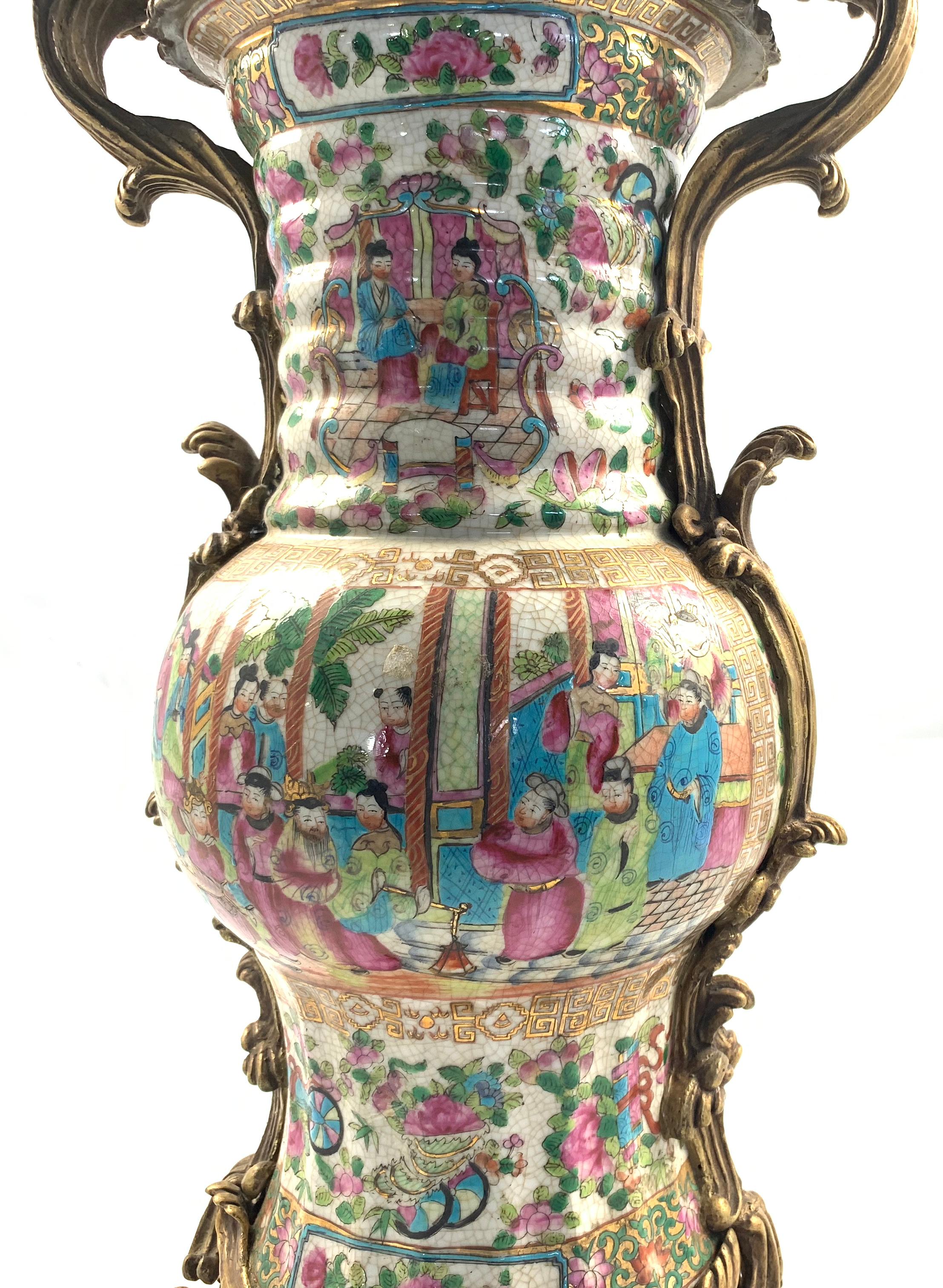 20th Century Pair of Cantonese Ormolu Mounted Vases In Excellent Condition For Sale In London, GB