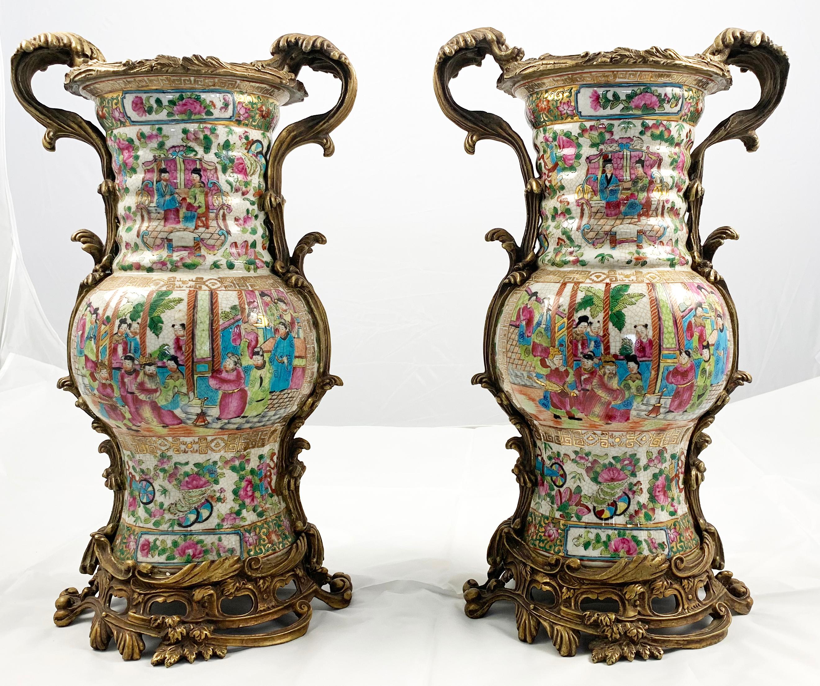 20th Century Pair of Cantonese Ormolu Mounted Vases For Sale 1