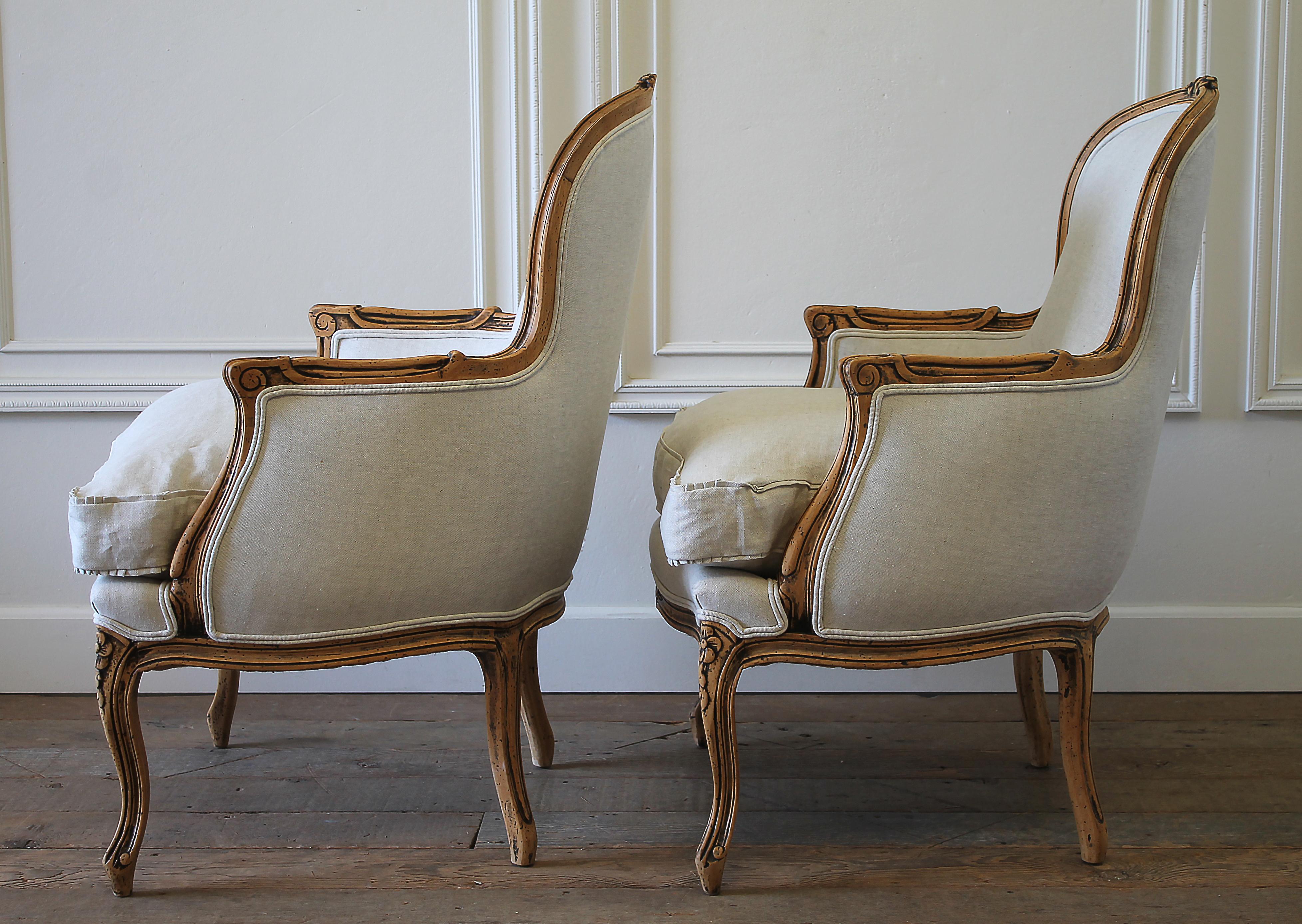 20th Century Pair of Carved & Upholstered Louis XV Style Bergère Chairs in Linen 8