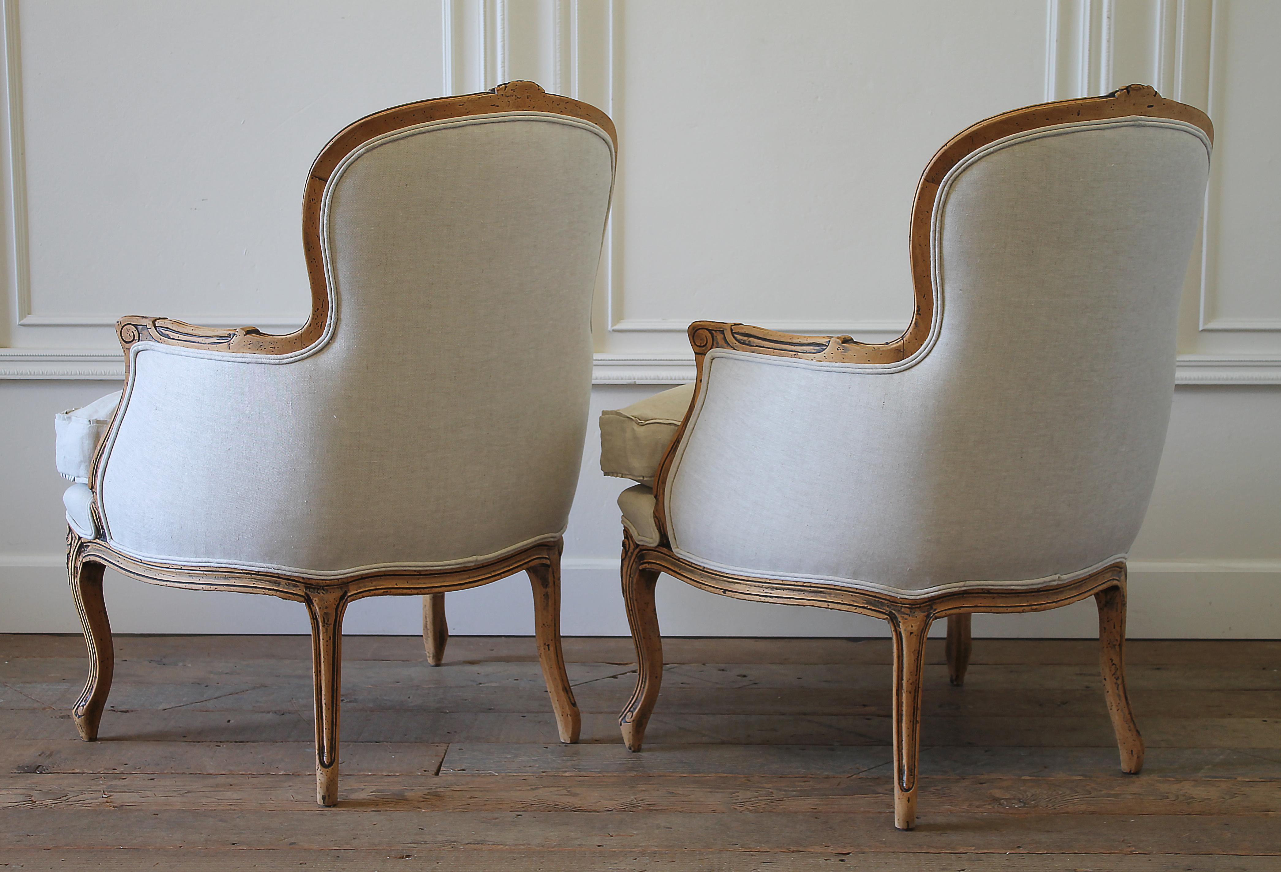 20th Century Pair of Carved & Upholstered Louis XV Style Bergère Chairs in Linen 9