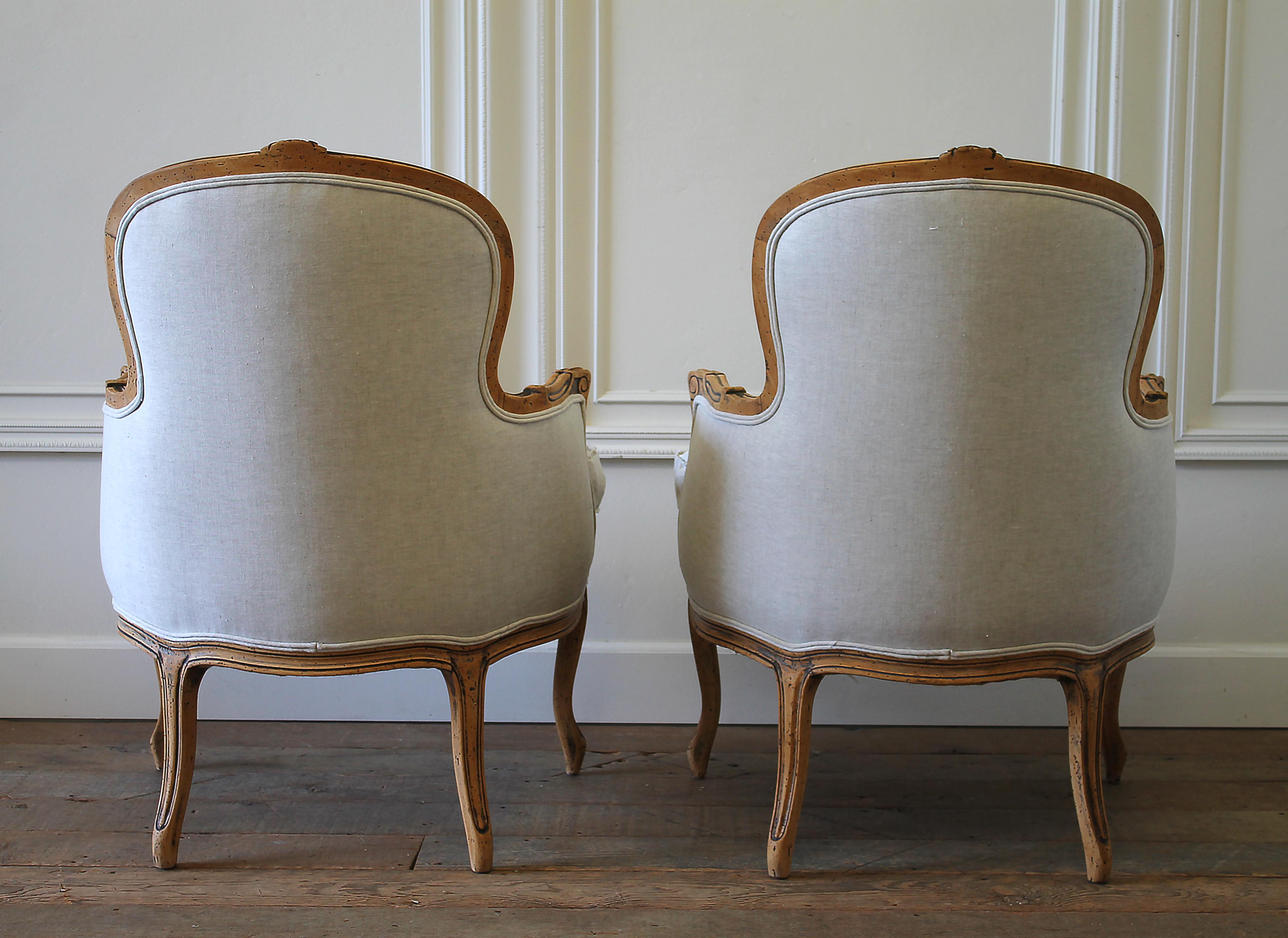 20th Century Pair of Carved & Upholstered Louis XV Style Bergère Chairs in Linen 10