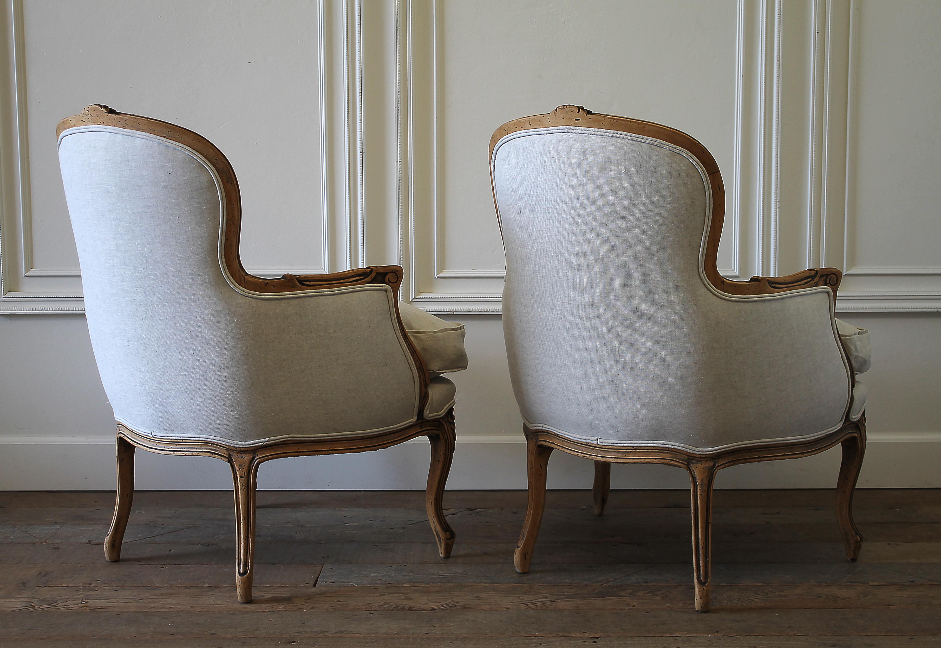 20th Century Pair of Carved & Upholstered Louis XV Style Bergère Chairs in Linen 11