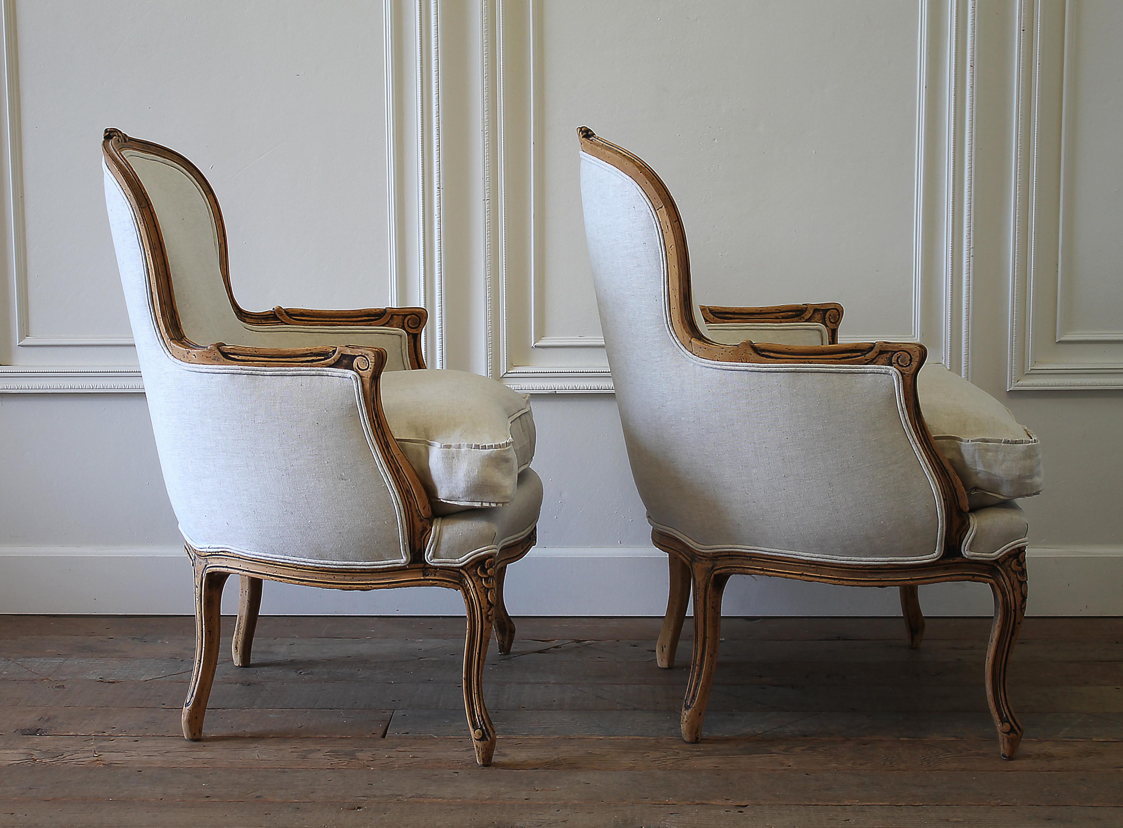 20th Century Pair of Carved & Upholstered Louis XV Style Bergère Chairs in Linen 12
