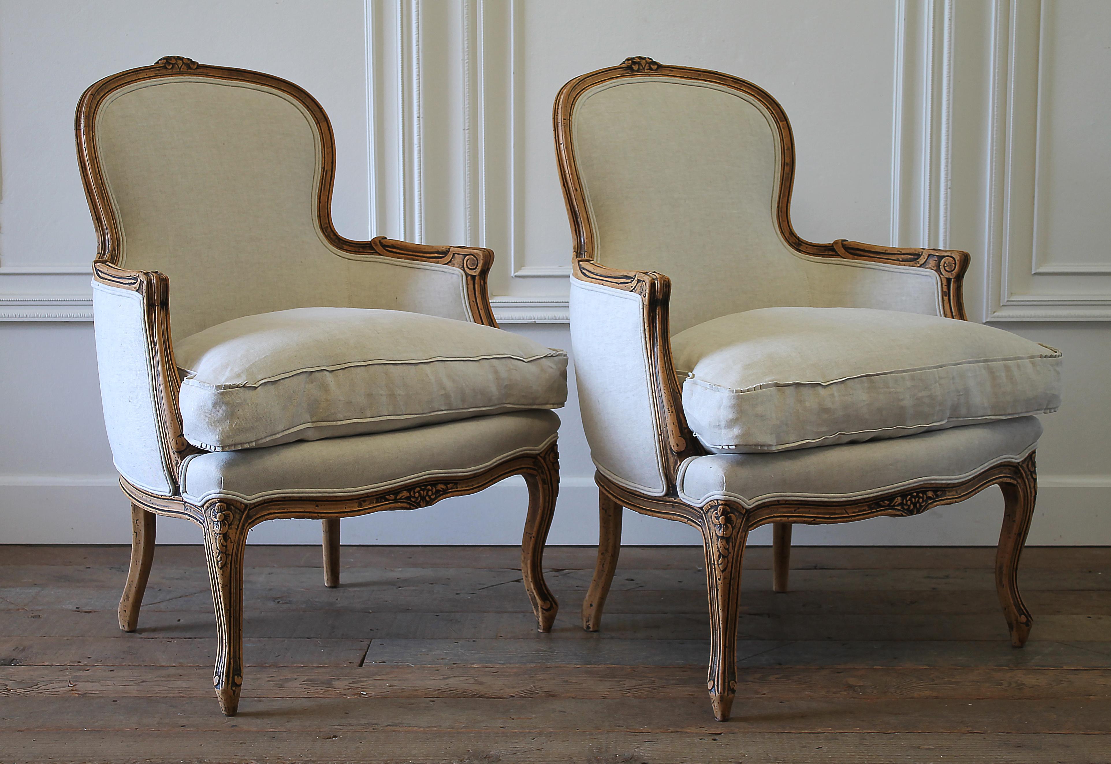 20th Century Pair of Carved & Upholstered Louis XV Style Bergère Chairs in Linen 13