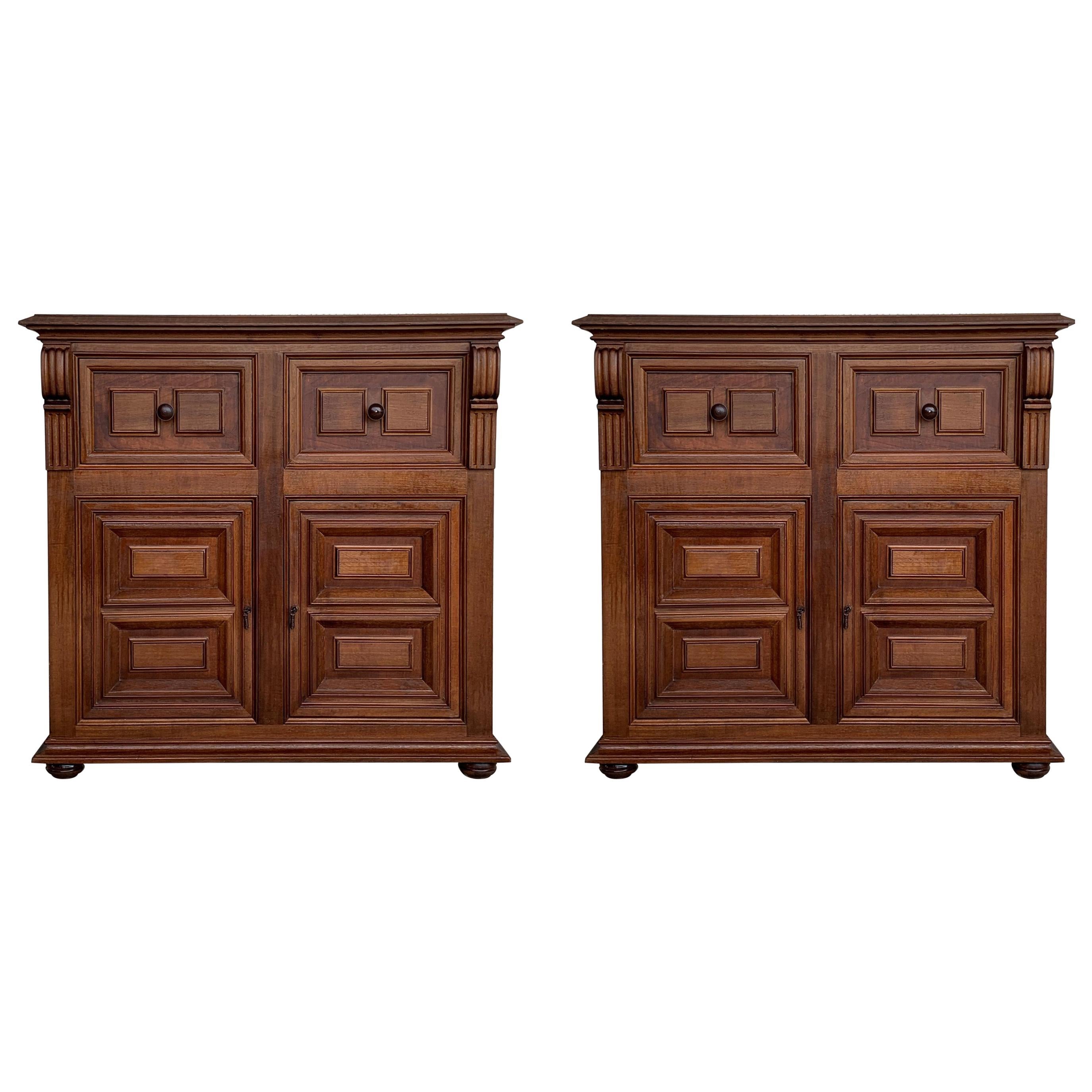20th Century Pair of Catalan Carved Walnut Tuscan Two Drawers Credenza or Buffet