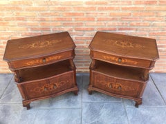 20th Century Pair of Catalan, Spanish Nightstands with Drawers & Low Open Shelf