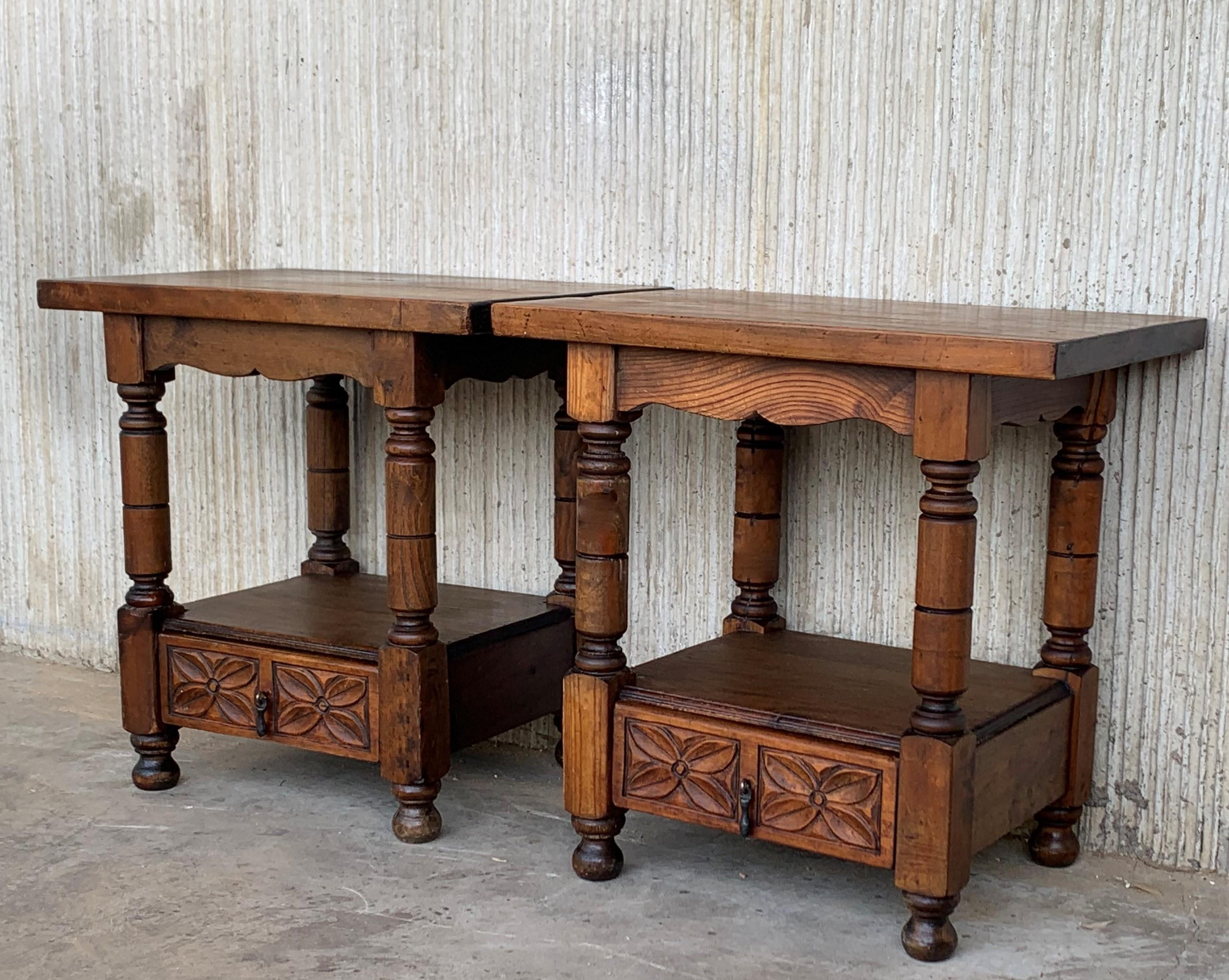Spanish Colonial 20th Century Pair of Catalan, Spanish Nightstands with Drawers & Low Open Shelf