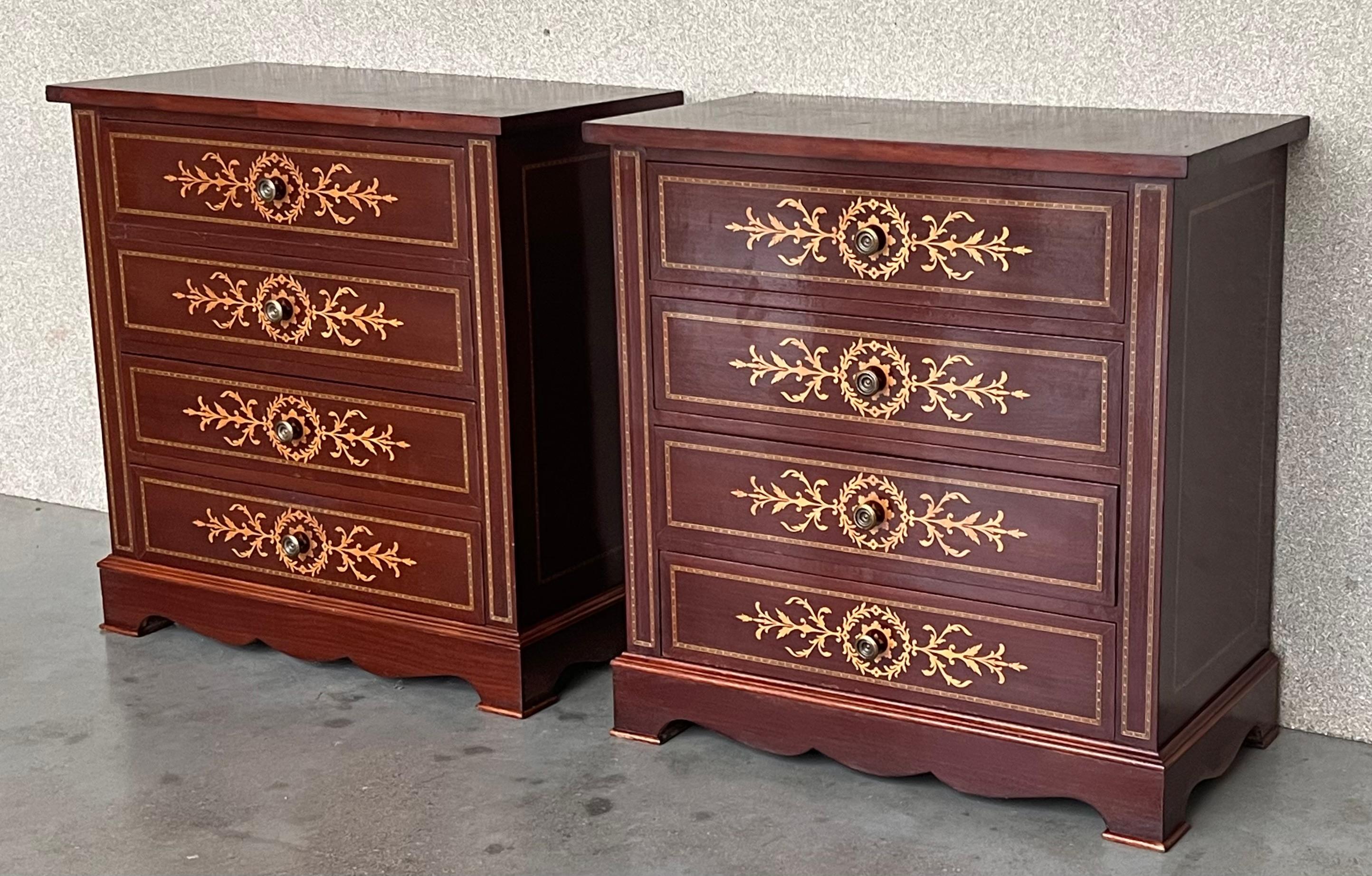 Spanish Colonial 20th Century Pair of Catalan, Spanish Nightstands with Drawers & Low Open Shelf For Sale