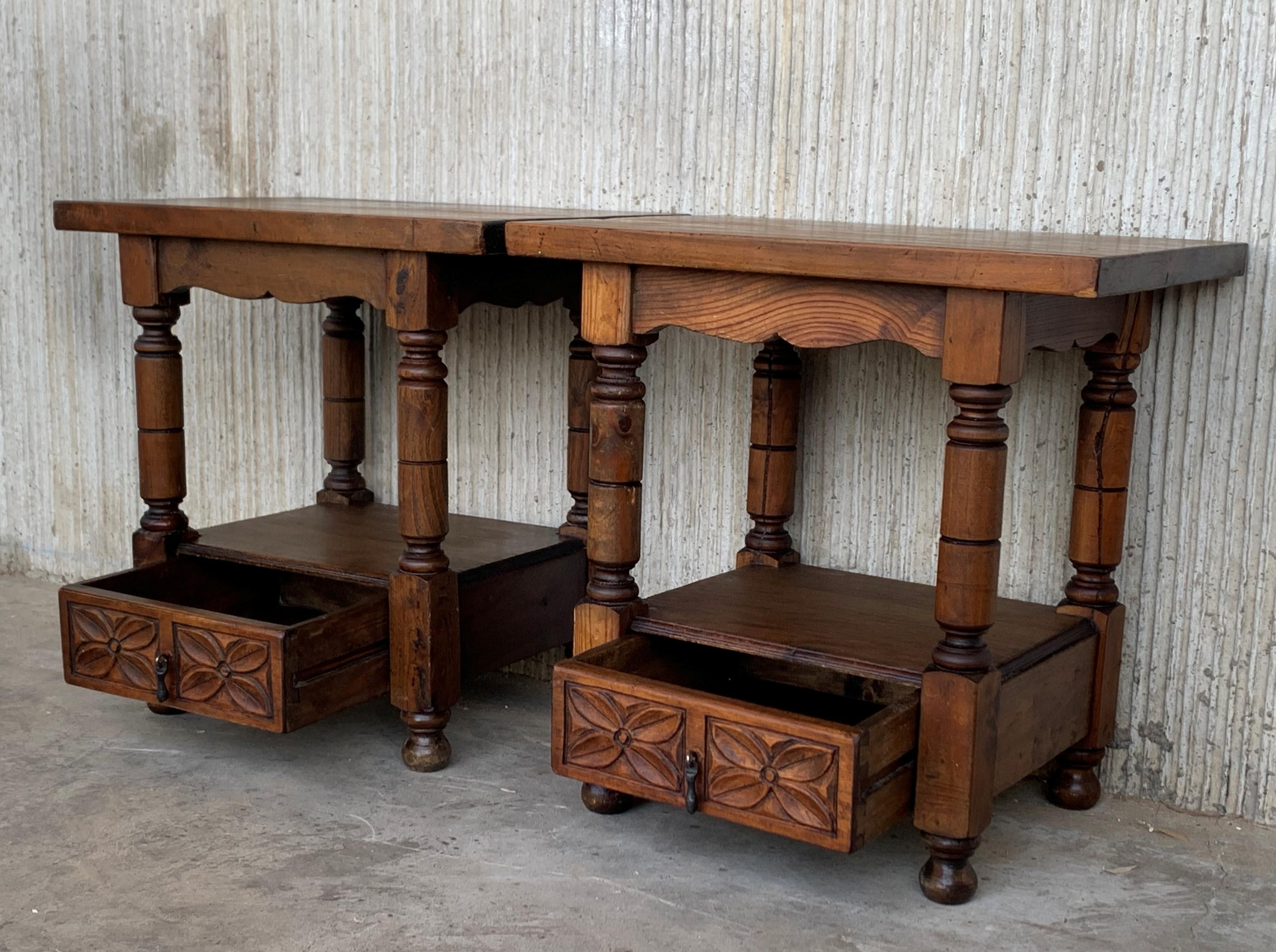 20th Century Pair of Catalan, Spanish Nightstands with Drawers & Low Open Shelf 1