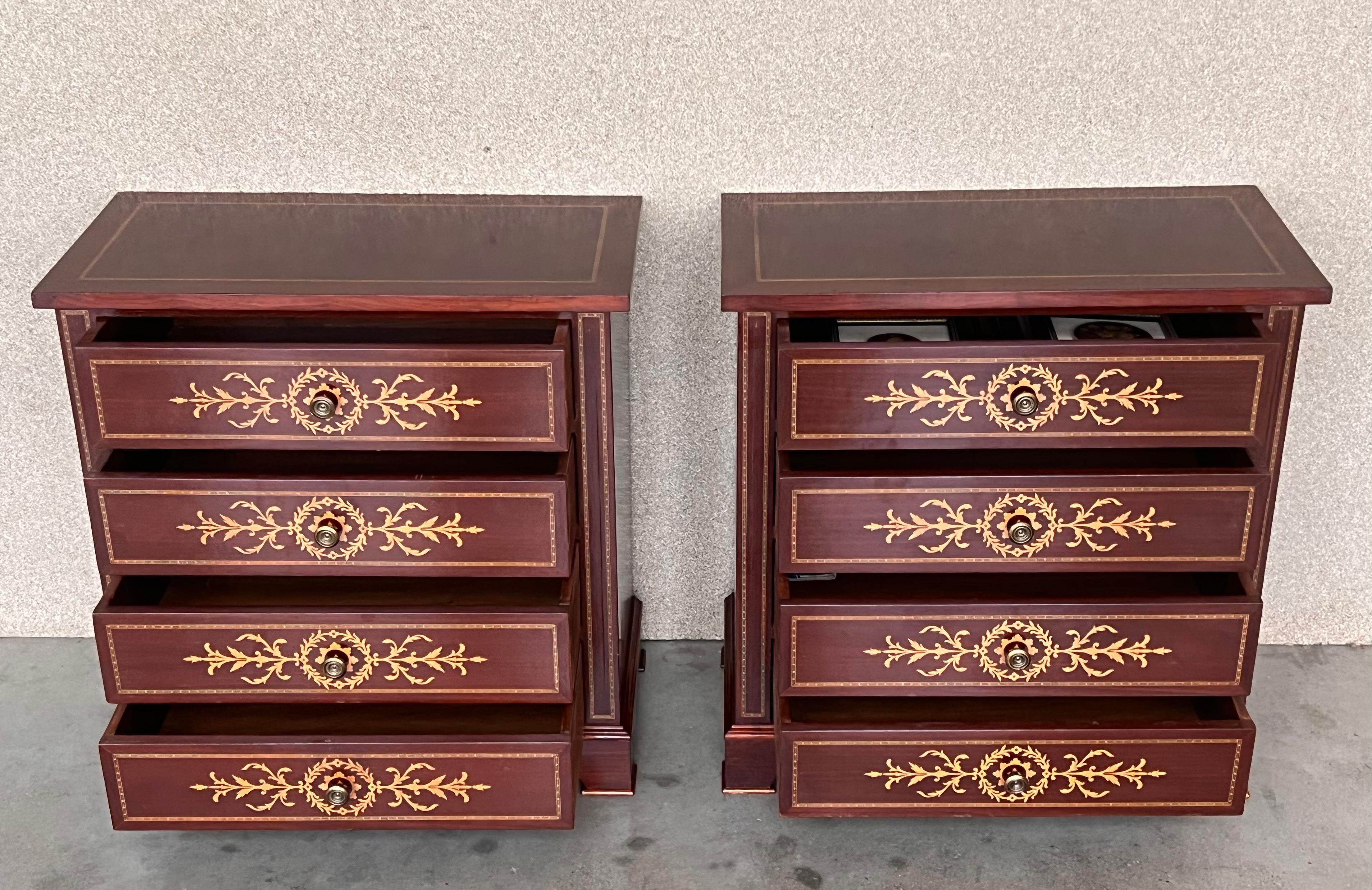 Walnut 20th Century Pair of Catalan, Spanish Nightstands with Drawers & Low Open Shelf For Sale