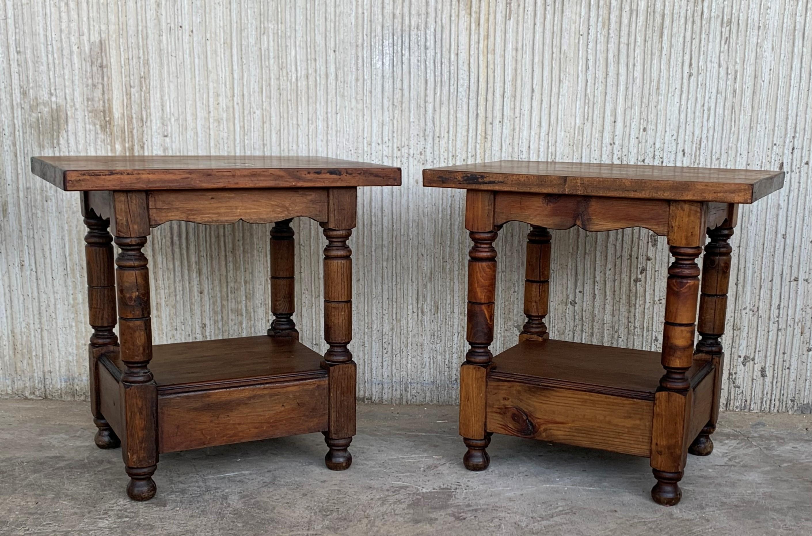 20th Century Pair of Catalan, Spanish Nightstands with Drawers & Low Open Shelf 3