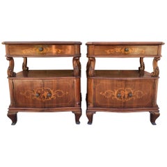 20th Century Pair of Catalan, Spanish Nightstands with Drawers & Low Open Shelf