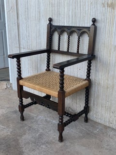 20th Century Pair of Catalan Throne Armchairs in Walnut and Caned Seats