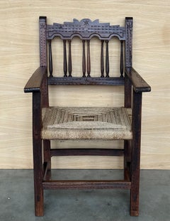 20th Century Pair of Catalan Throne Armchairs in Walnut and Caned Seats