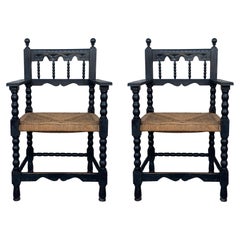 20th Century Pair of Catalan Throne Armchairs in Walnut and Caned Seats
