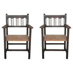 20th Century Pair of Catalan Throne Armchairs in Walnut and Caned Seats