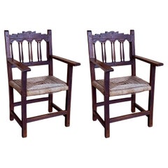 20th Century Pair of Catalan Throne Armchairs in Walnut and Caned Seats