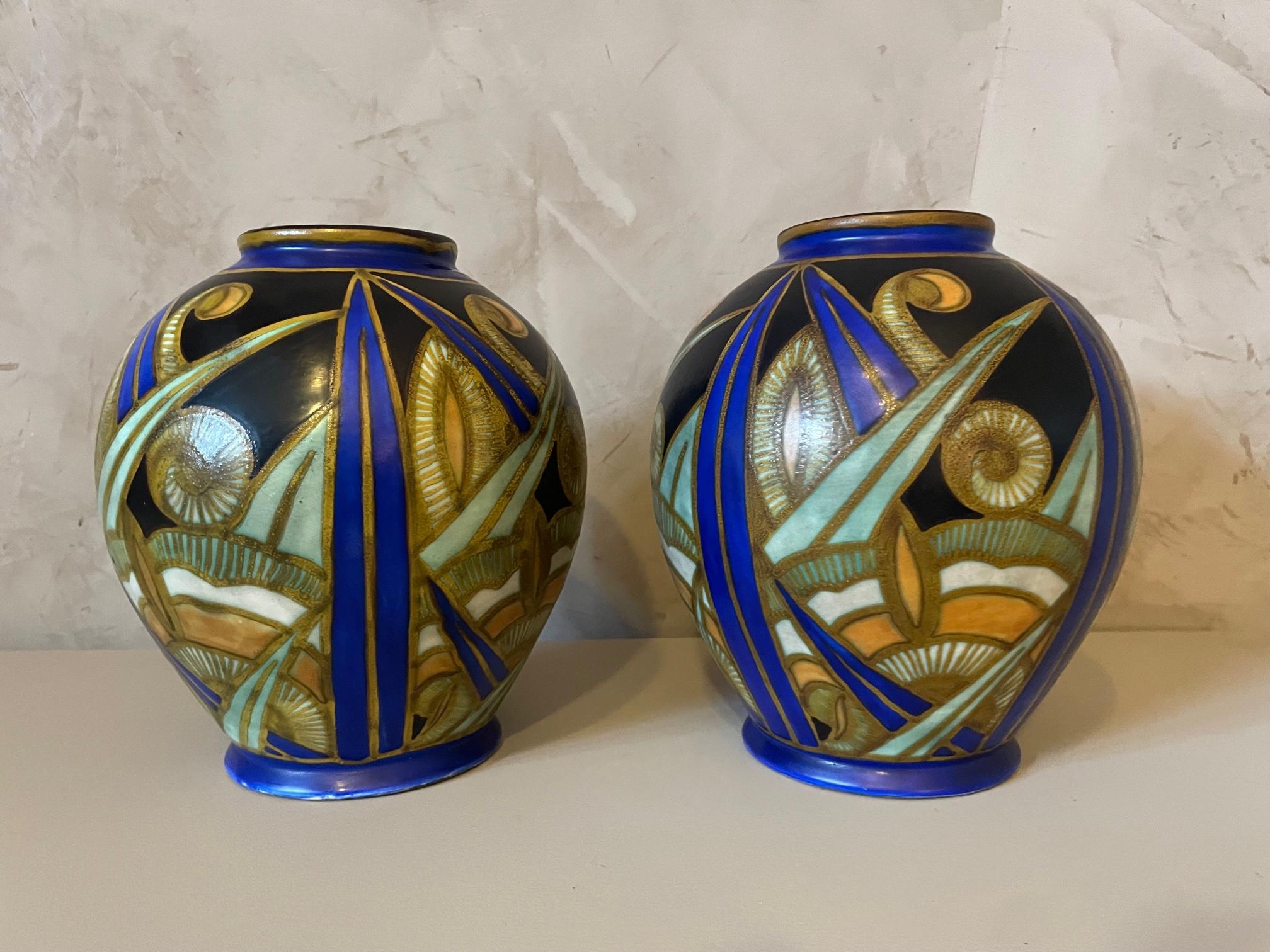 Belgian 20th Century Pair of Ceramic Art Deco Bock Keramis Vases, 1930s For Sale