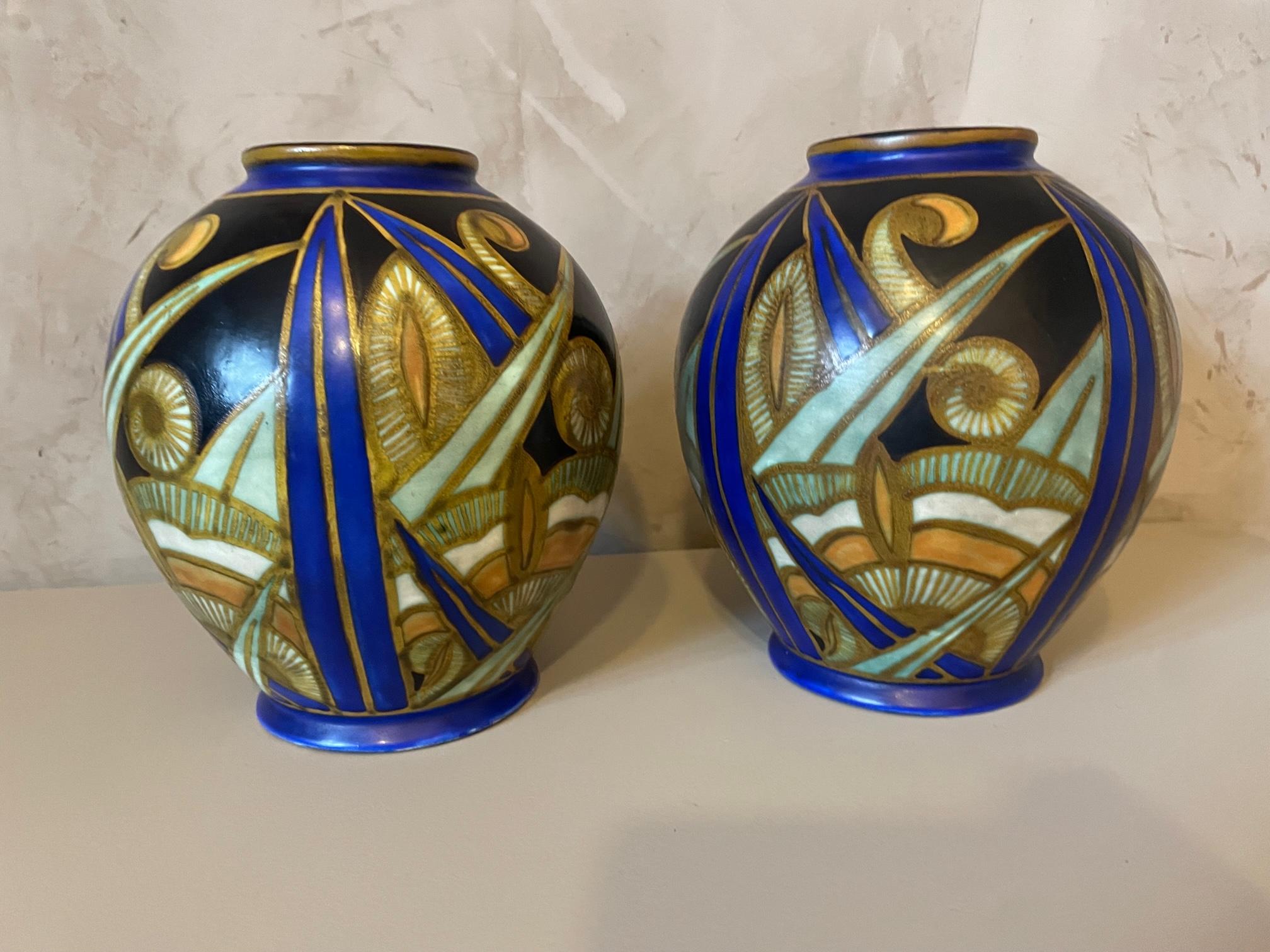 20th Century Pair of Ceramic Art Deco Bock Keramis Vases, 1930s In Good Condition For Sale In LEGNY, FR