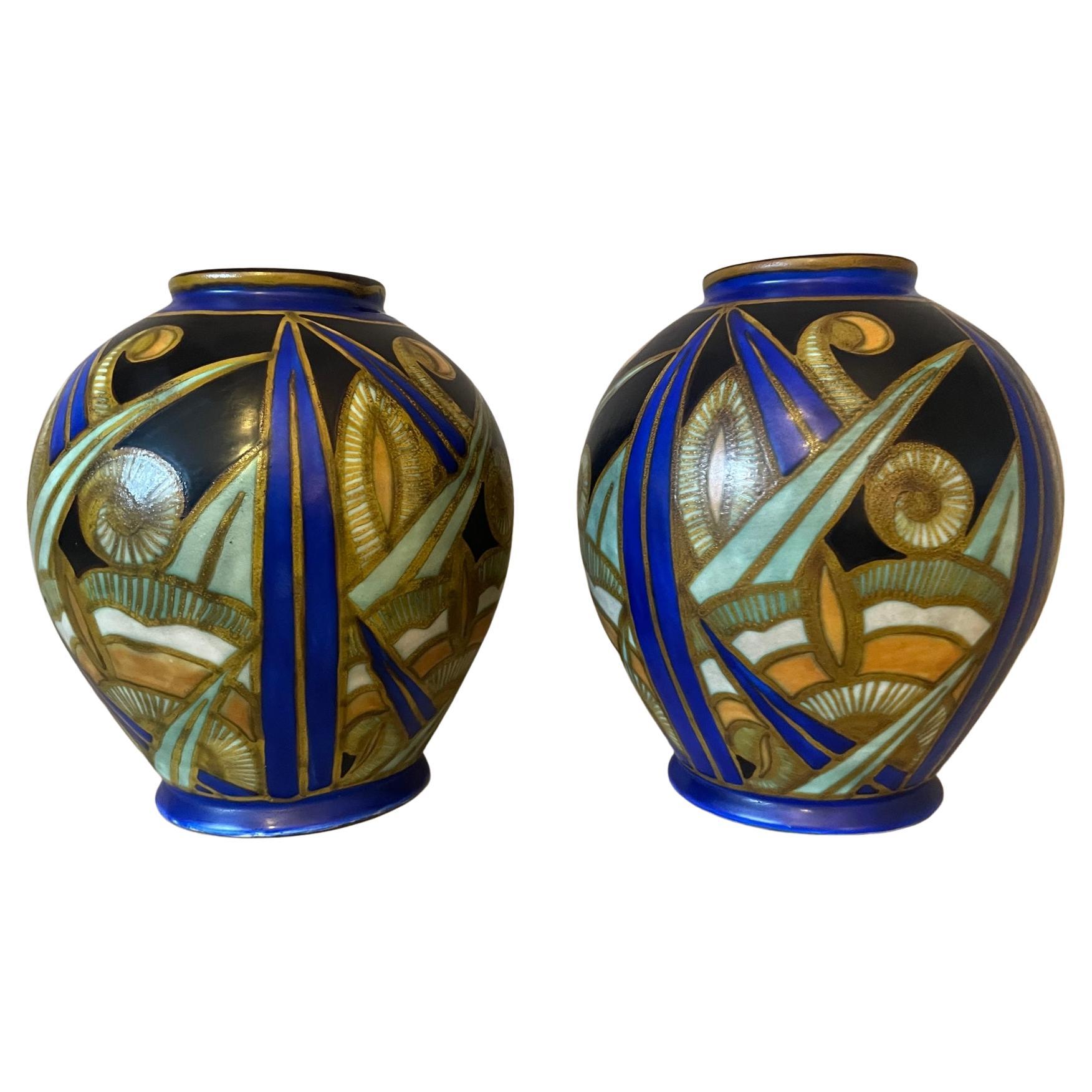 20th Century Pair of Ceramic Art Deco Bock Keramis Vases, 1930s For Sale