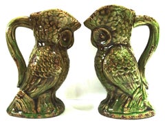 20th Century Pair of Ceramic Glaze Owl Beverage Pitchers