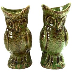 Vintage 20th Century Pair of Ceramic Glaze Owl Beverage Pitchers