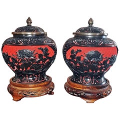 Antique 20th Century Pair of Chinese Cinnabar and Enamel Lidded Urns on Stand
