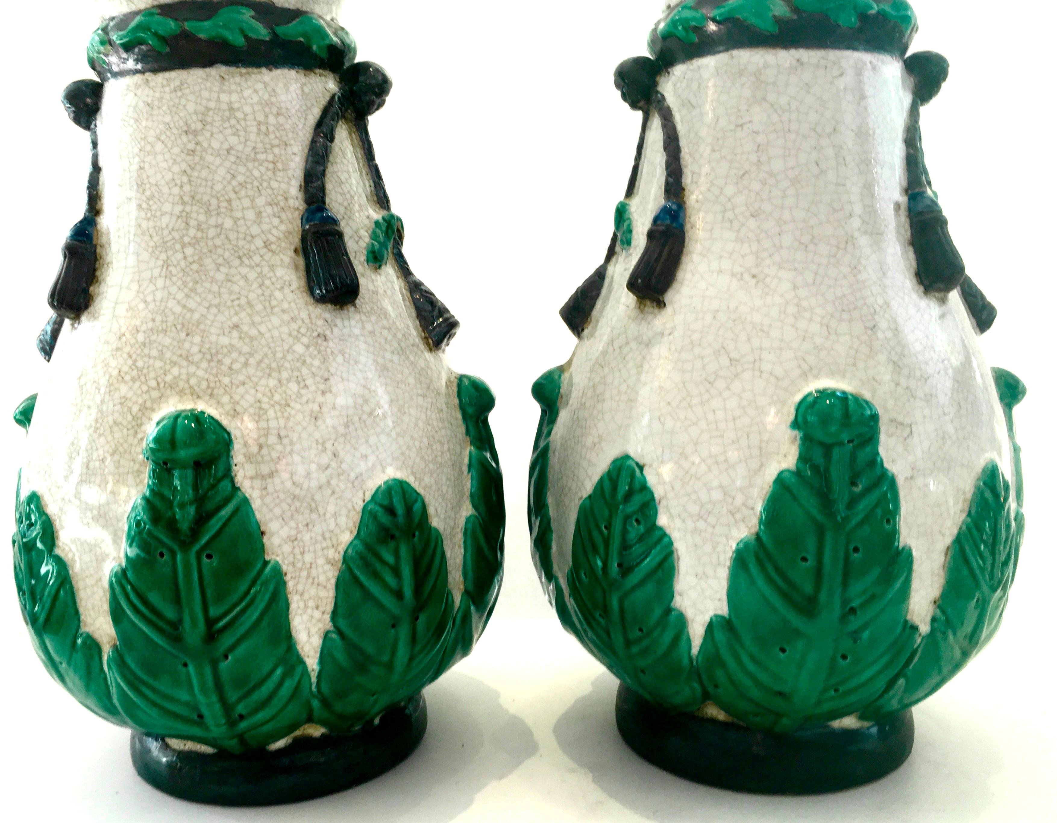 Hand-Painted 20th Century Pair of Chinese Export Crackle Majolica Style Vases-Signed For Sale