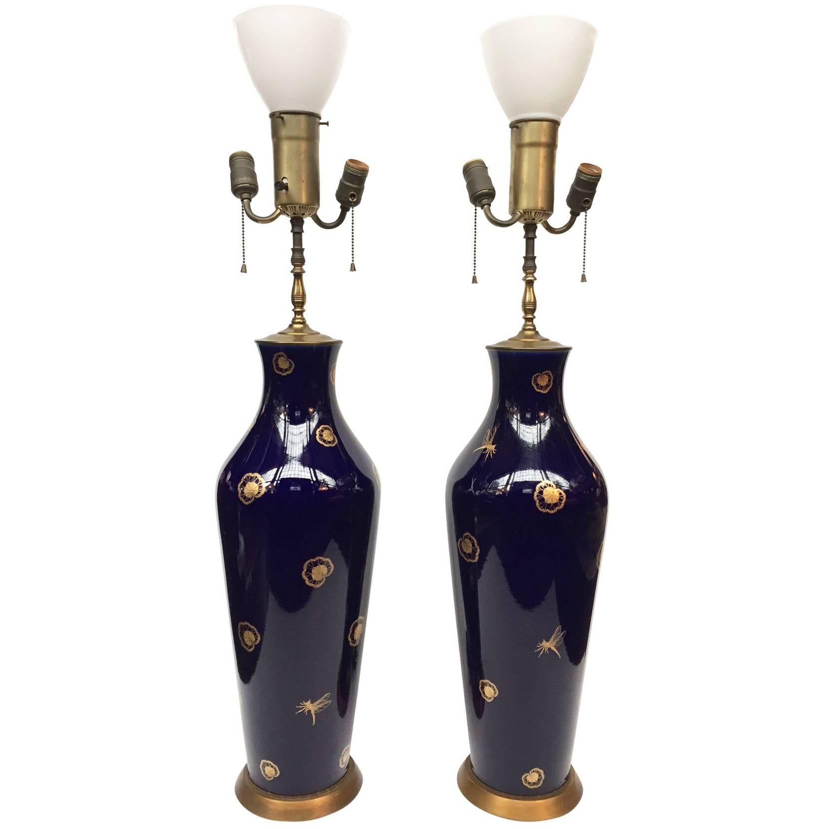 20th Century Pair of Cobalt Blue Porcelain Table Lamps Attributed to Sèvres