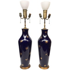Vintage 20th Century Pair of Cobalt Blue Porcelain Table Lamps Attributed to Sèvres