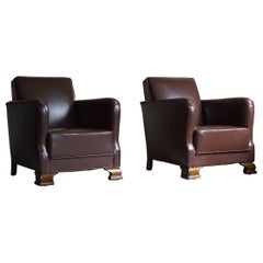 20th Century Pair of Danish Art Deco Leather Club Chairs, Ca 1940s