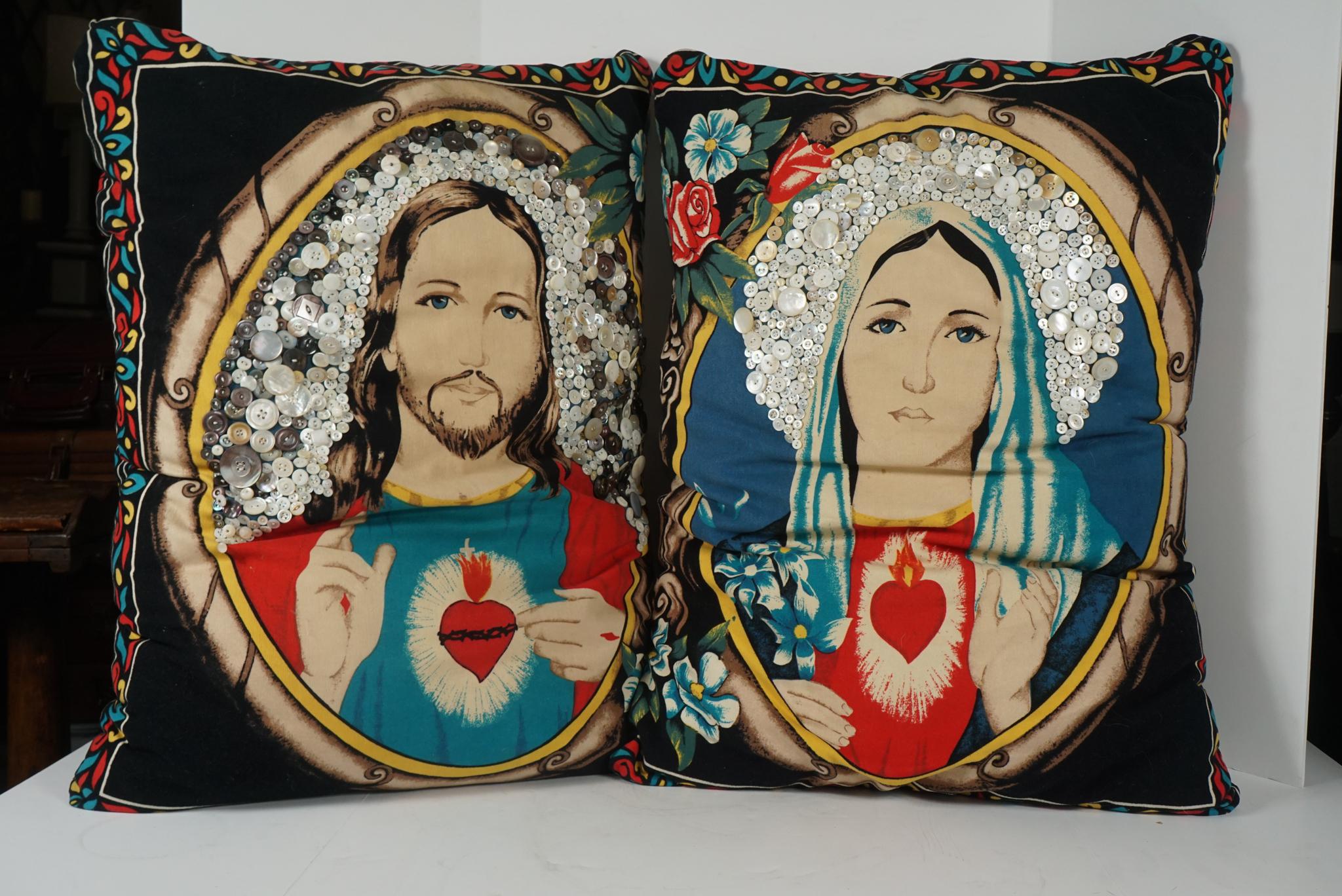 This pair of Mexican devotional pillows have been decorated in a collection of vintage mother of pearl buttons by contemporary artist Dan Rupe. Born in Indiana in 1952 this plain air painter only works from life. Well know for his very personal and